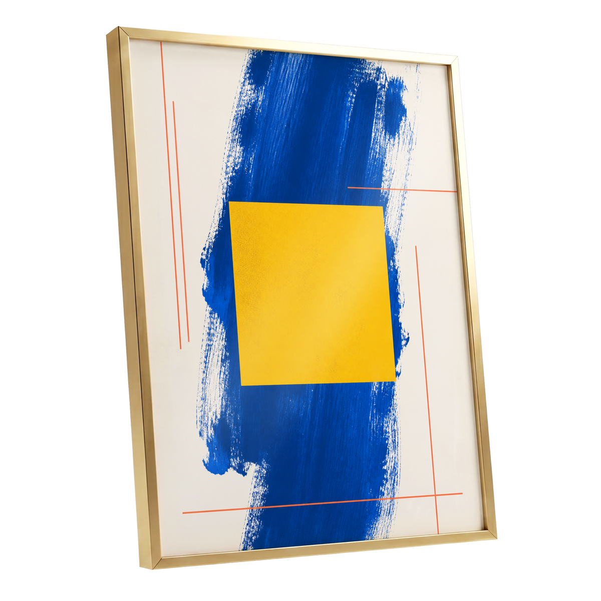 Cobalt Measure, blue, yellow, beige abstract wall art shown as a gold framed poster wall art print