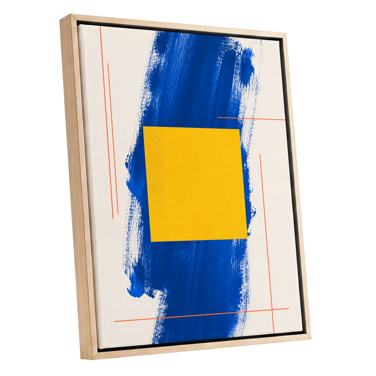 Cobalt Measure, blue, yellow, beige abstract wall art shown as a oak framed canvas wall art