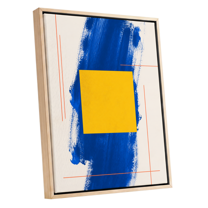 Cobalt Measure, blue, yellow, beige abstract wall art shown as a oak framed canvas wall art