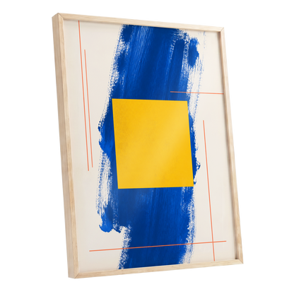 Cobalt Measure, blue, yellow, beige abstract wall art shown as a oak framed poster wall art print