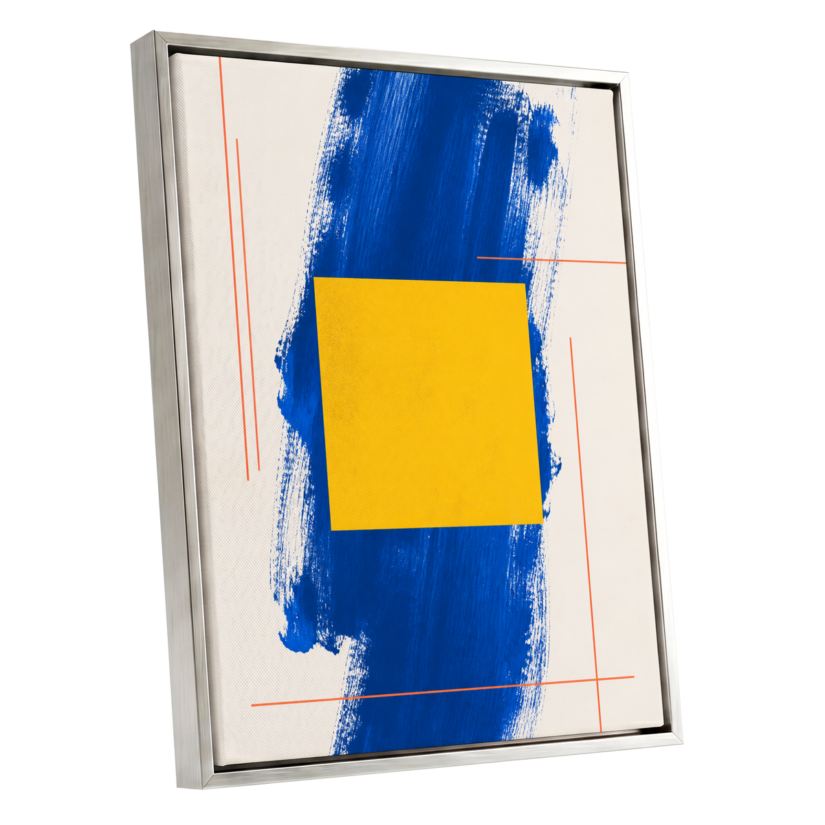 Cobalt Measure, blue, yellow, beige abstract wall art shown as a silver framed canvas wall art