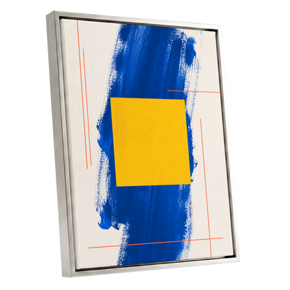 Cobalt Measure, blue, yellow, beige abstract wall art shown as a silver framed canvas wall art