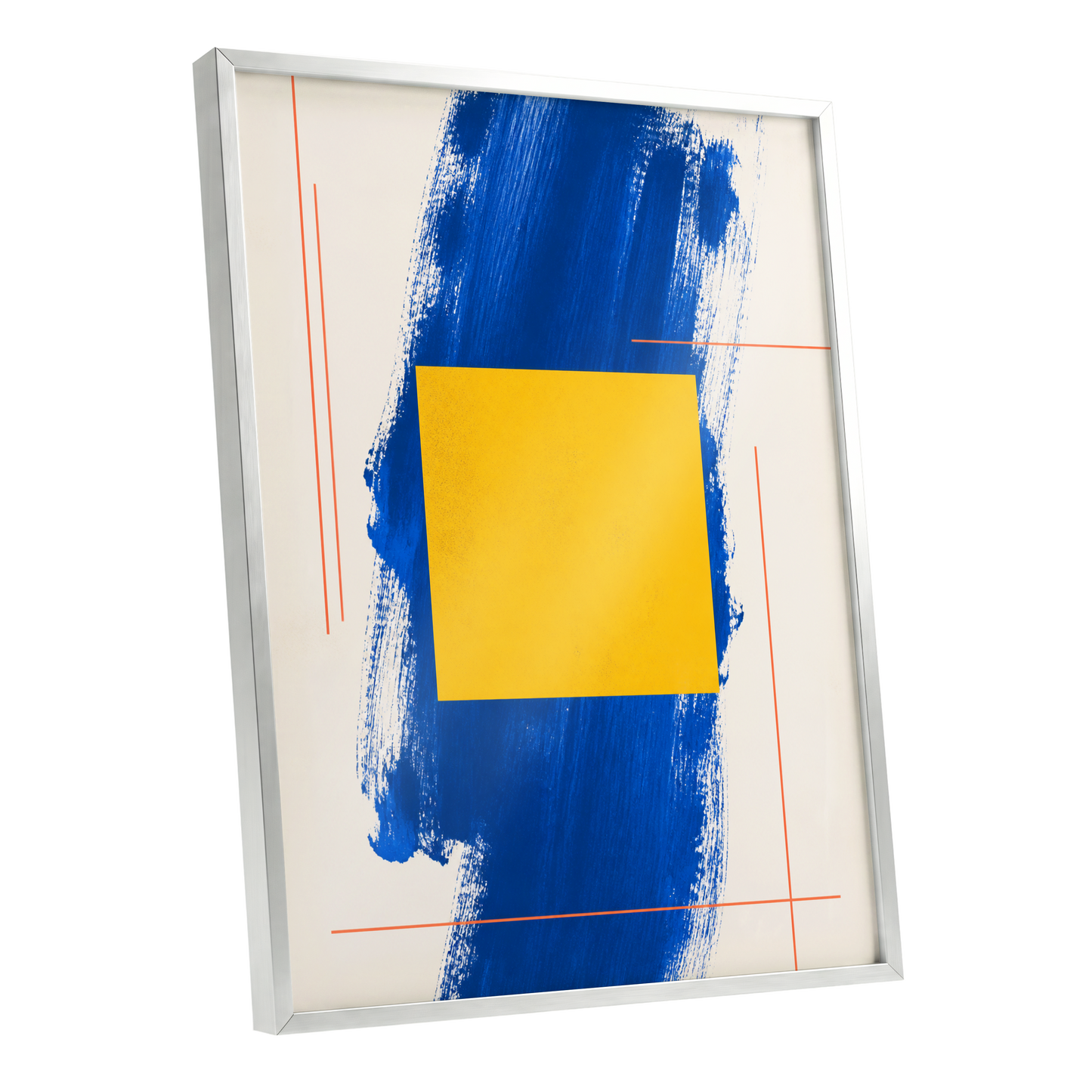 Cobalt Measure, blue, yellow, beige abstract wall art shown as a silver framed poster wall art print