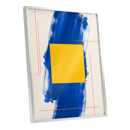 Cobalt Measure, blue, yellow, beige abstract wall art shown as a silver framed poster wall art print
