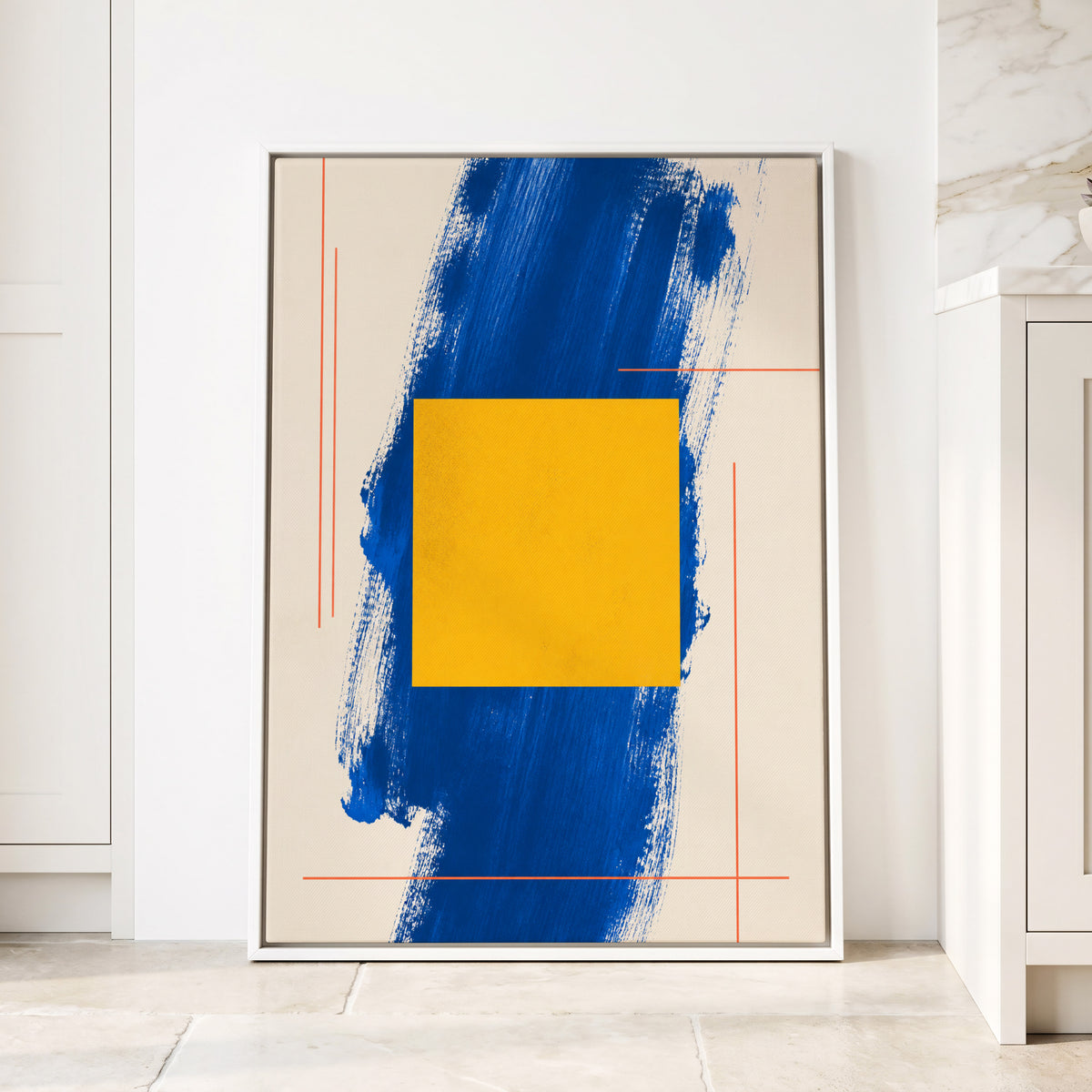 Cobalt Measure, blue, yellow, beige abstract wall art displayed in a styled interior, gallery view 1