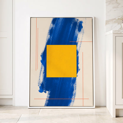 Cobalt Measure, blue, yellow, beige abstract wall art displayed in a styled interior, gallery view 1