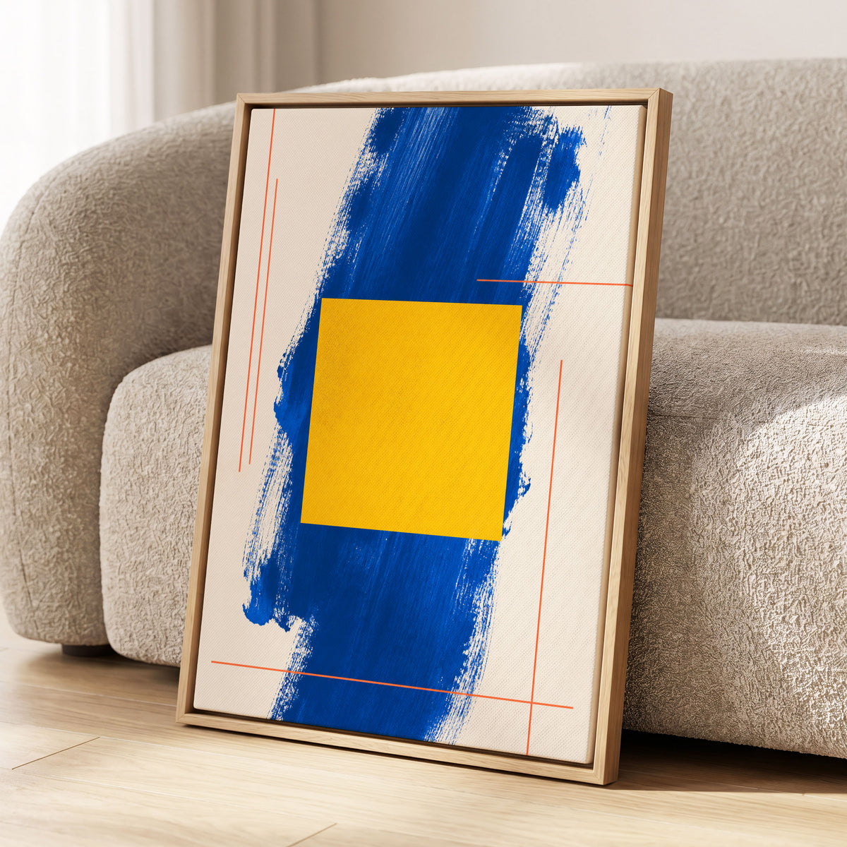 Cobalt Measure, blue, yellow, beige abstract wall art displayed in a styled interior, gallery view 2