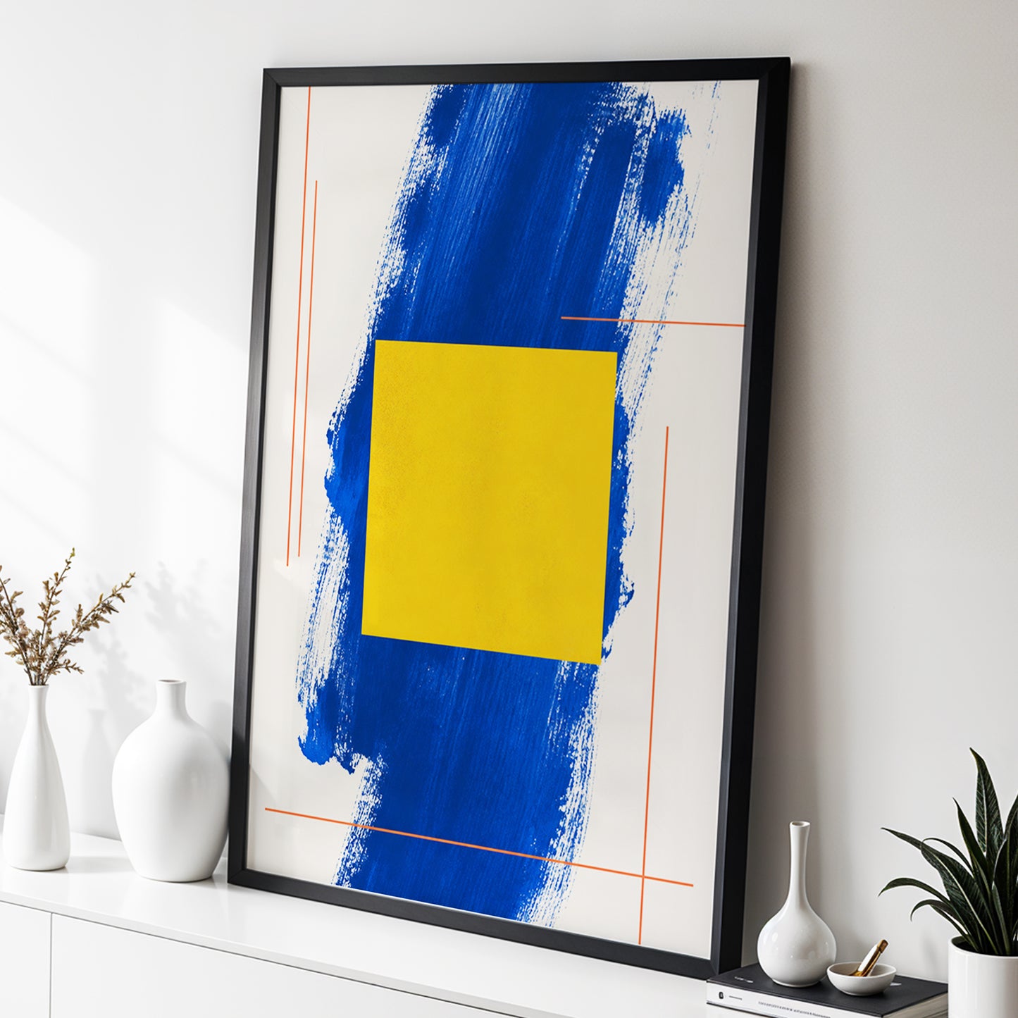 Cobalt Measure, blue, yellow, beige abstract wall art displayed in a styled interior, gallery view 3