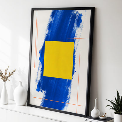 Cobalt Measure, blue, yellow, beige abstract wall art displayed in a styled interior, gallery view 3