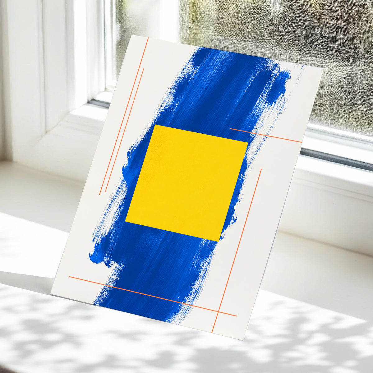 Cobalt Measure, blue, yellow, beige abstract wall art displayed in a styled interior, gallery view 5