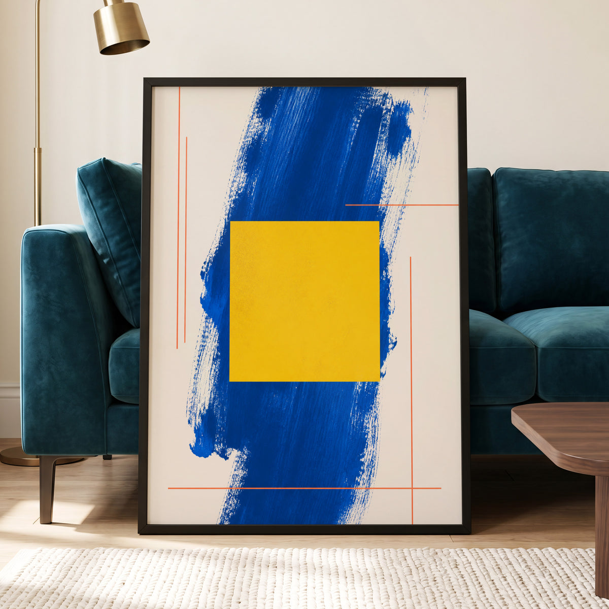 Cobalt Measure, blue, yellow, beige abstract wall art displayed in a styled interior, gallery view 6