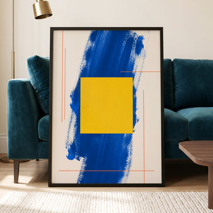 Cobalt Measure, blue, yellow, beige abstract wall art displayed in a styled interior, gallery view 6