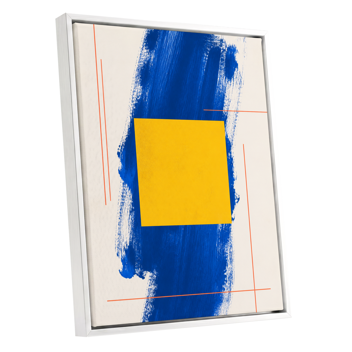 Cobalt Measure, blue, yellow, beige abstract wall art shown as a white framed canvas wall art