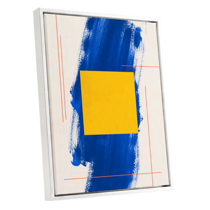 Cobalt Measure, blue, yellow, beige abstract wall art shown as a white framed canvas wall art