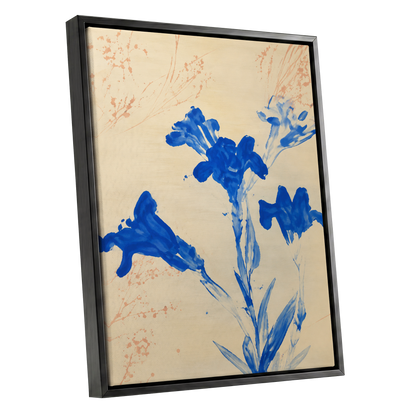 Cobalt Petal Drift, blue, beige, orange floral wall art shown as a black framed canvas wall art