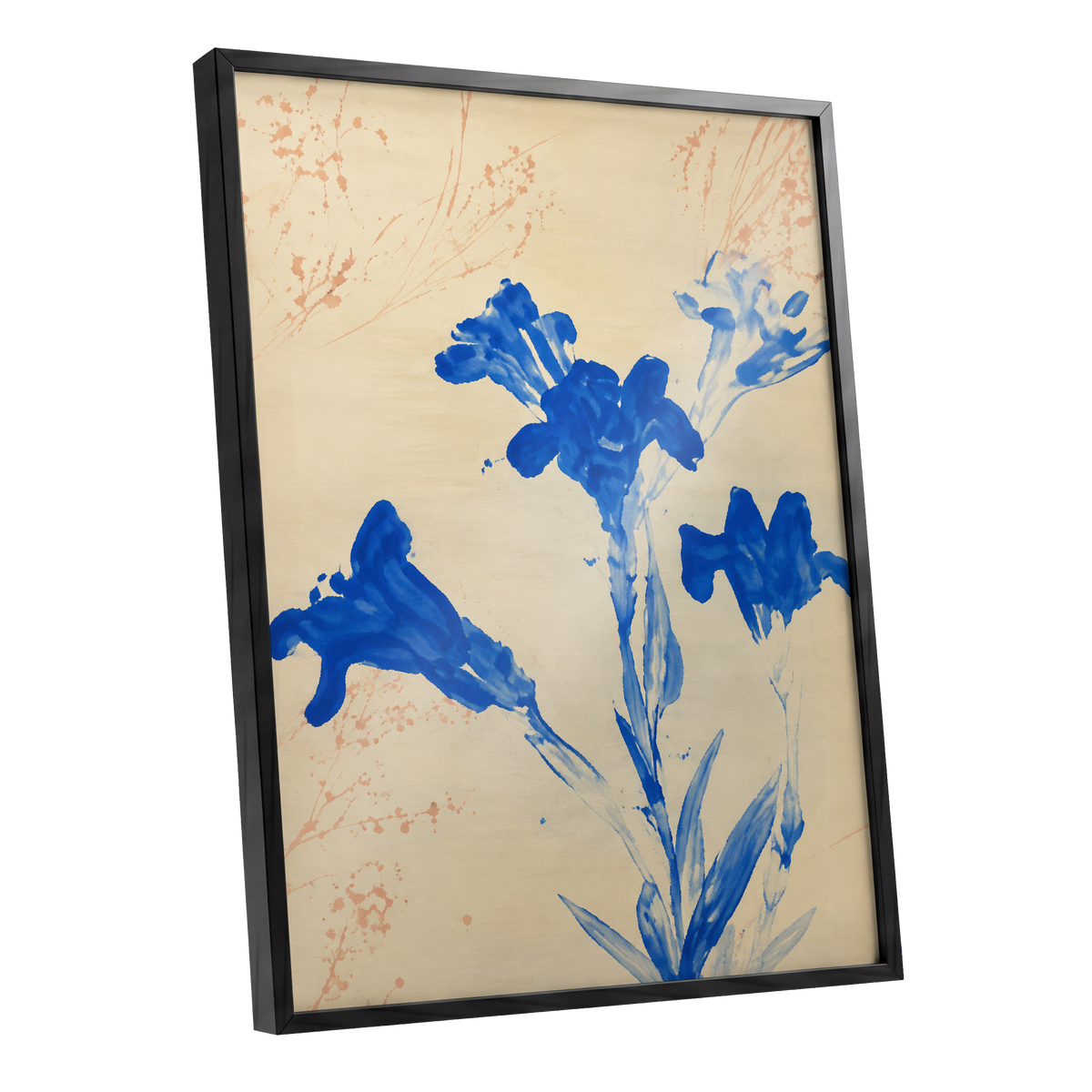 Cobalt Petal Drift, blue, beige, orange floral wall art shown as a black framed poster wall art print