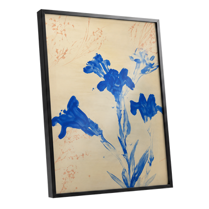 Cobalt Petal Drift, blue, beige, orange floral wall art shown as a black framed poster wall art print