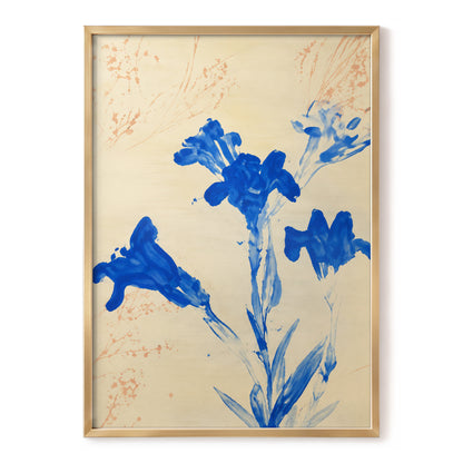 Cobalt Petal Drift, blue, beige, orange floral wall art, front artwork view