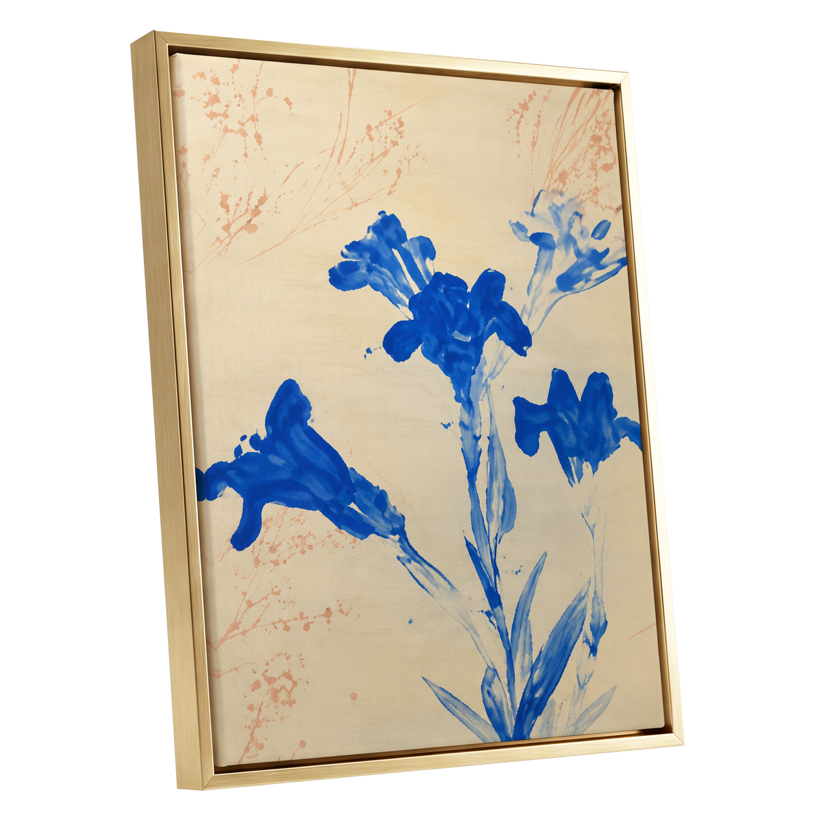 Cobalt Petal Drift, blue, beige, orange floral wall art shown as a gold framed canvas wall art