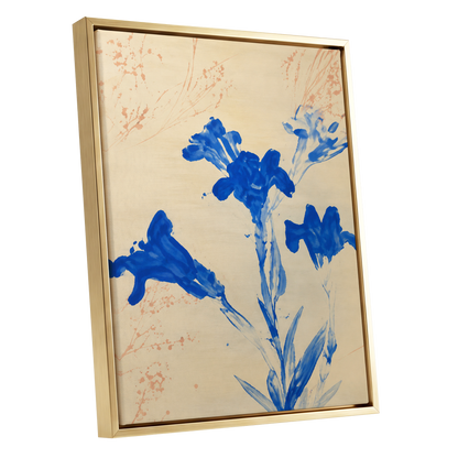 Cobalt Petal Drift, blue, beige, orange floral wall art shown as a gold framed canvas wall art
