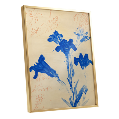Cobalt Petal Drift, blue, beige, orange floral wall art shown as a gold framed poster wall art print