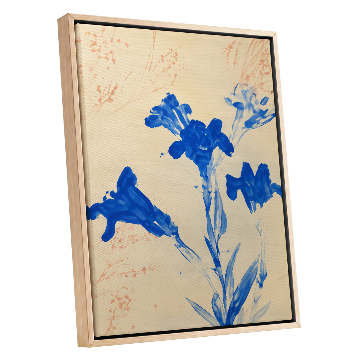 Cobalt Petal Drift, blue, beige, orange floral wall art shown as a oak framed canvas wall art