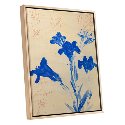 Cobalt Petal Drift, blue, beige, orange floral wall art shown as a oak framed canvas wall art