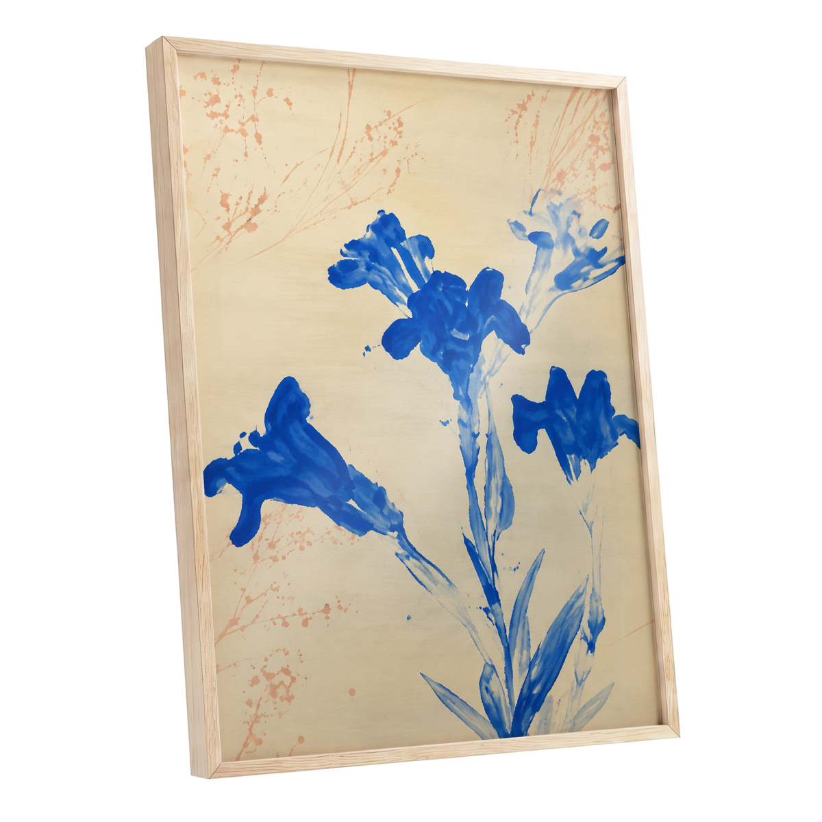 Cobalt Petal Drift, blue, beige, orange floral wall art shown as a oak framed poster wall art print