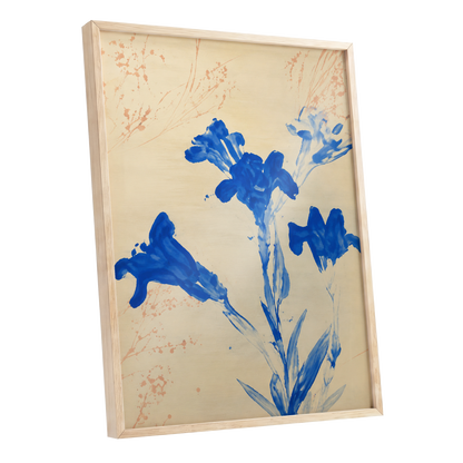 Cobalt Petal Drift, blue, beige, orange floral wall art shown as a oak framed poster wall art print