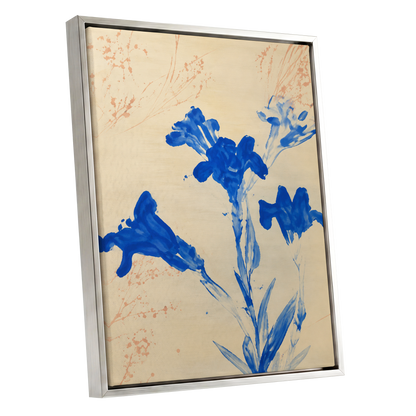 Cobalt Petal Drift, blue, beige, orange floral wall art shown as a silver framed canvas wall art