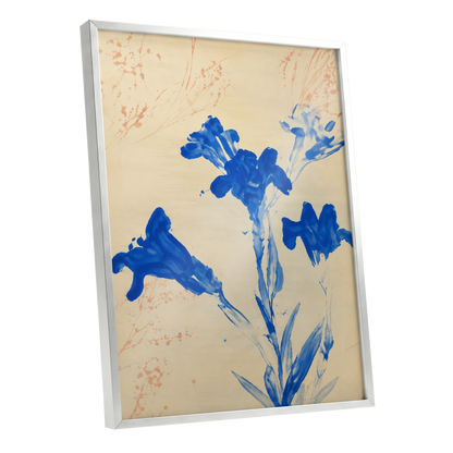 Cobalt Petal Drift, blue, beige, orange floral wall art shown as a silver framed poster wall art print