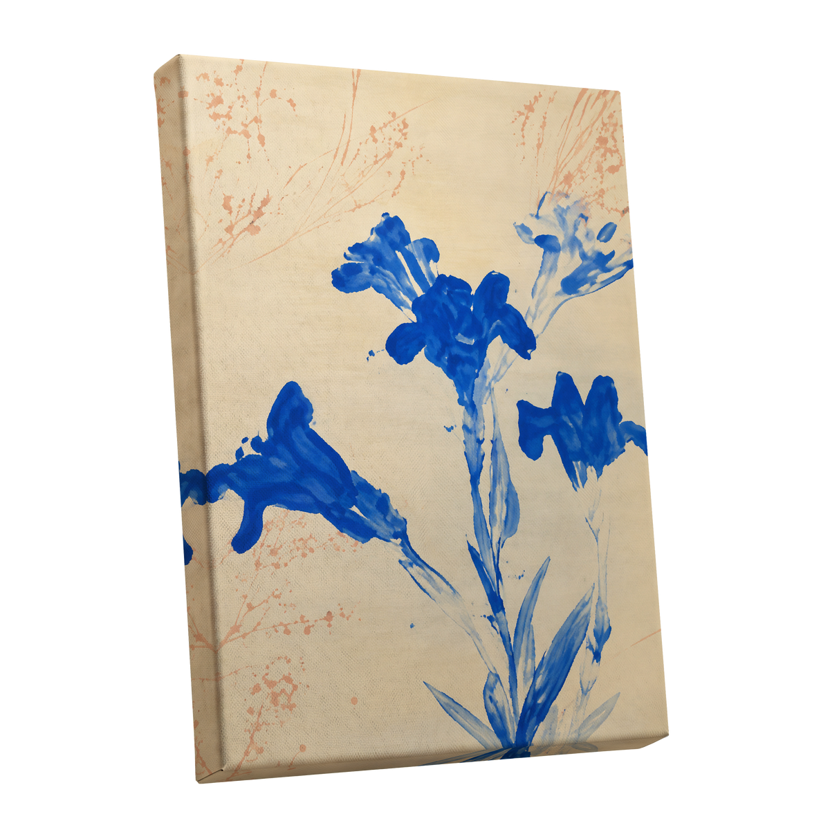 Cobalt Petal Drift, blue, beige, orange floral wall art shown as a stretched canvas wall art