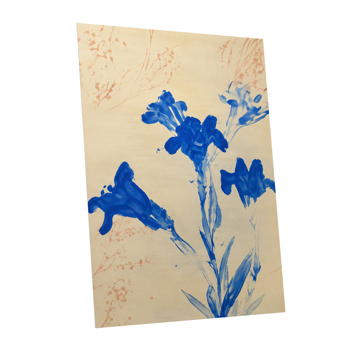 Cobalt Petal Drift, blue, beige, orange floral wall art shown as a unframed poster wall art print