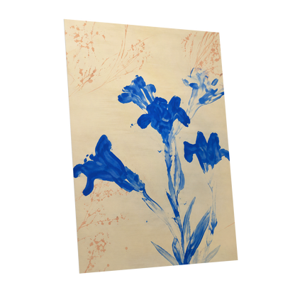Cobalt Petal Drift, blue, beige, orange floral wall art shown as a unframed poster wall art print