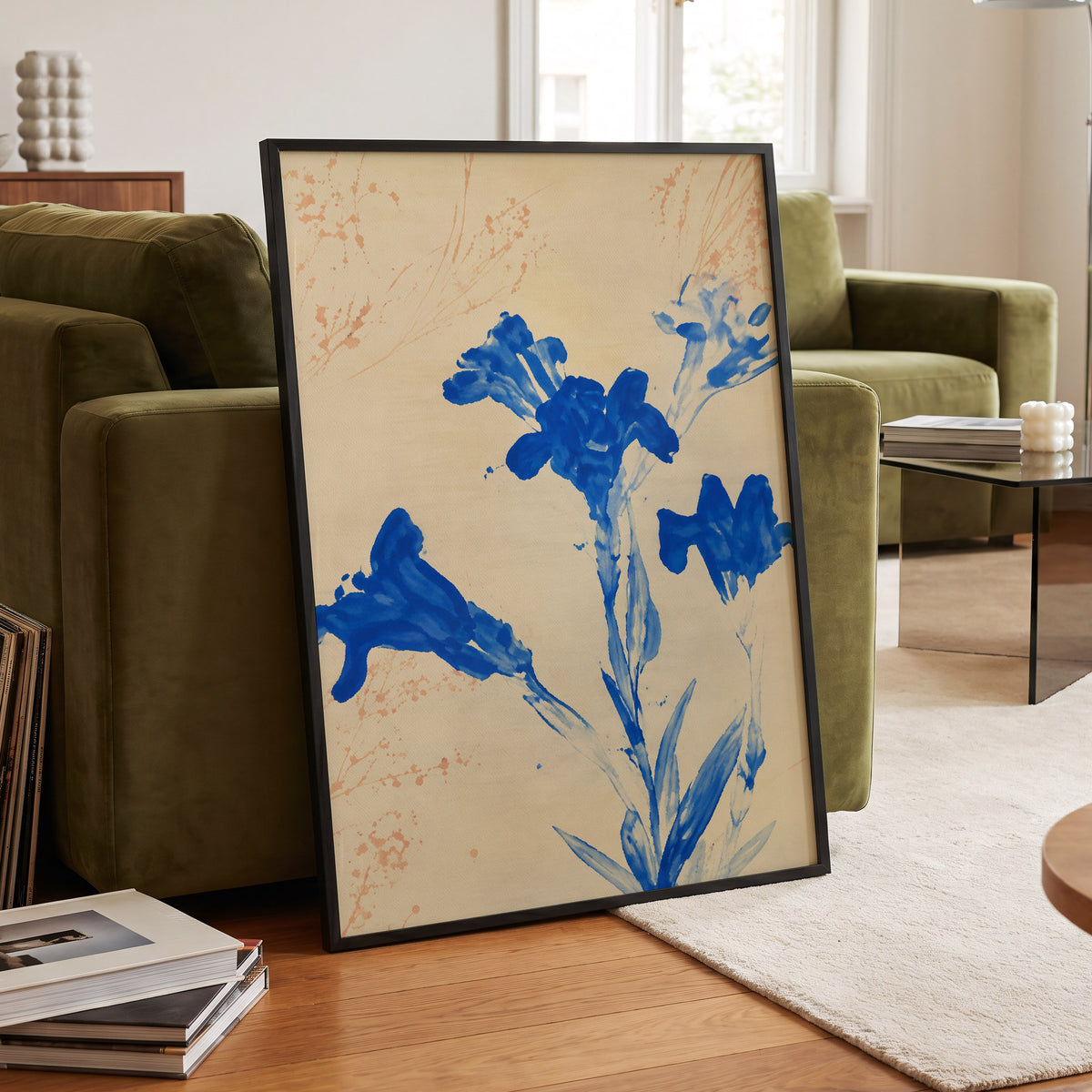 Cobalt Petal Drift, blue, beige, orange floral wall art displayed in a styled interior, gallery view 2