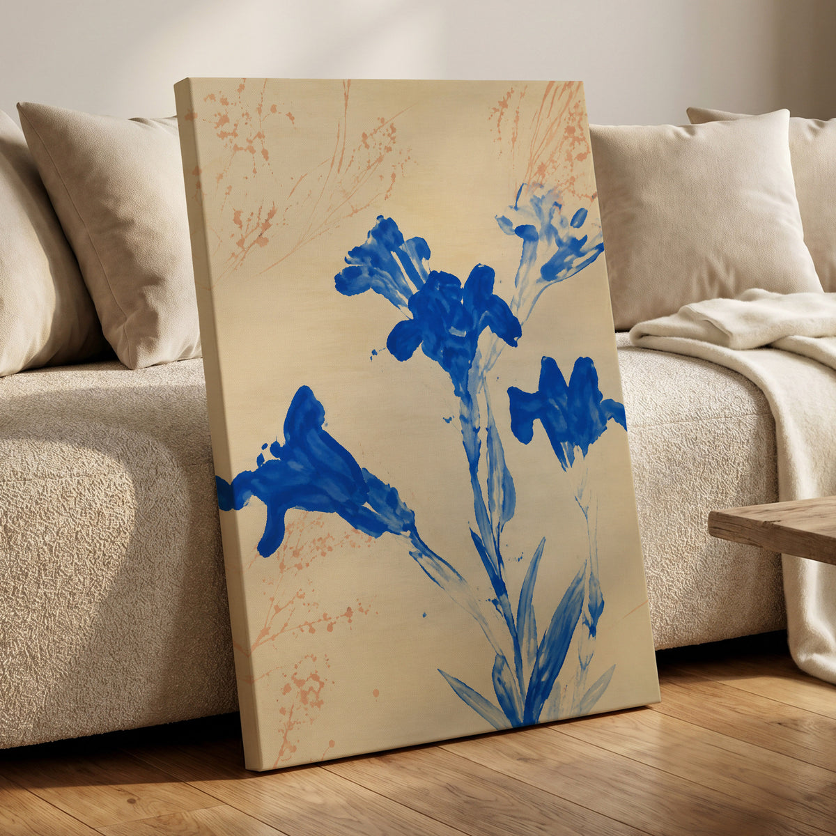 Cobalt Petal Drift, blue, beige, orange floral wall art displayed in a styled interior, gallery view 3