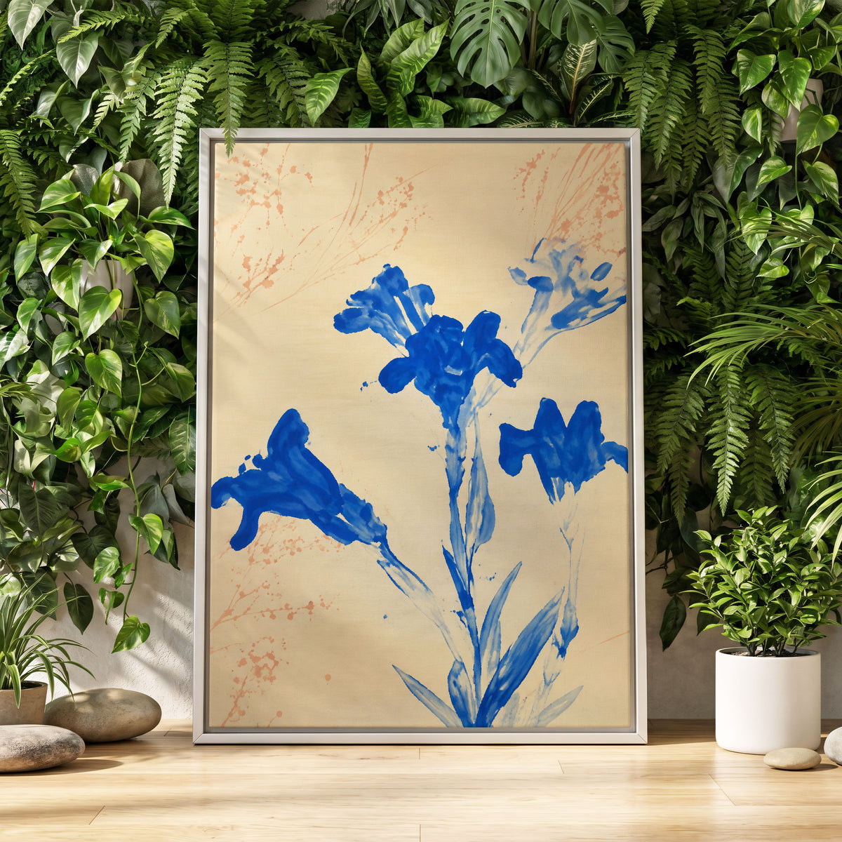 Cobalt Petal Drift, blue, beige, orange floral wall art displayed in a styled interior, gallery view 4
