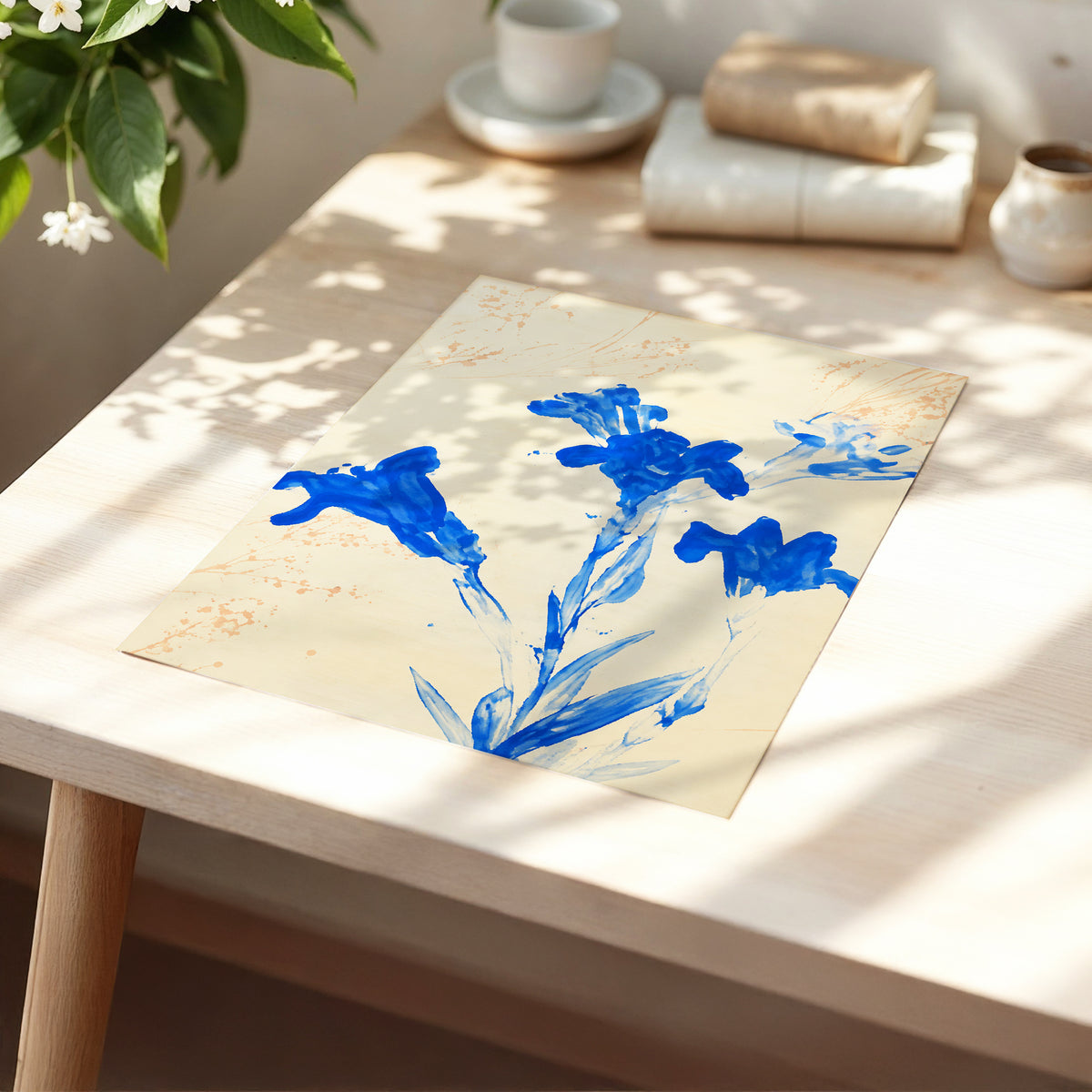 Cobalt Petal Drift, blue, beige, orange floral wall art displayed in a styled interior, gallery view 5