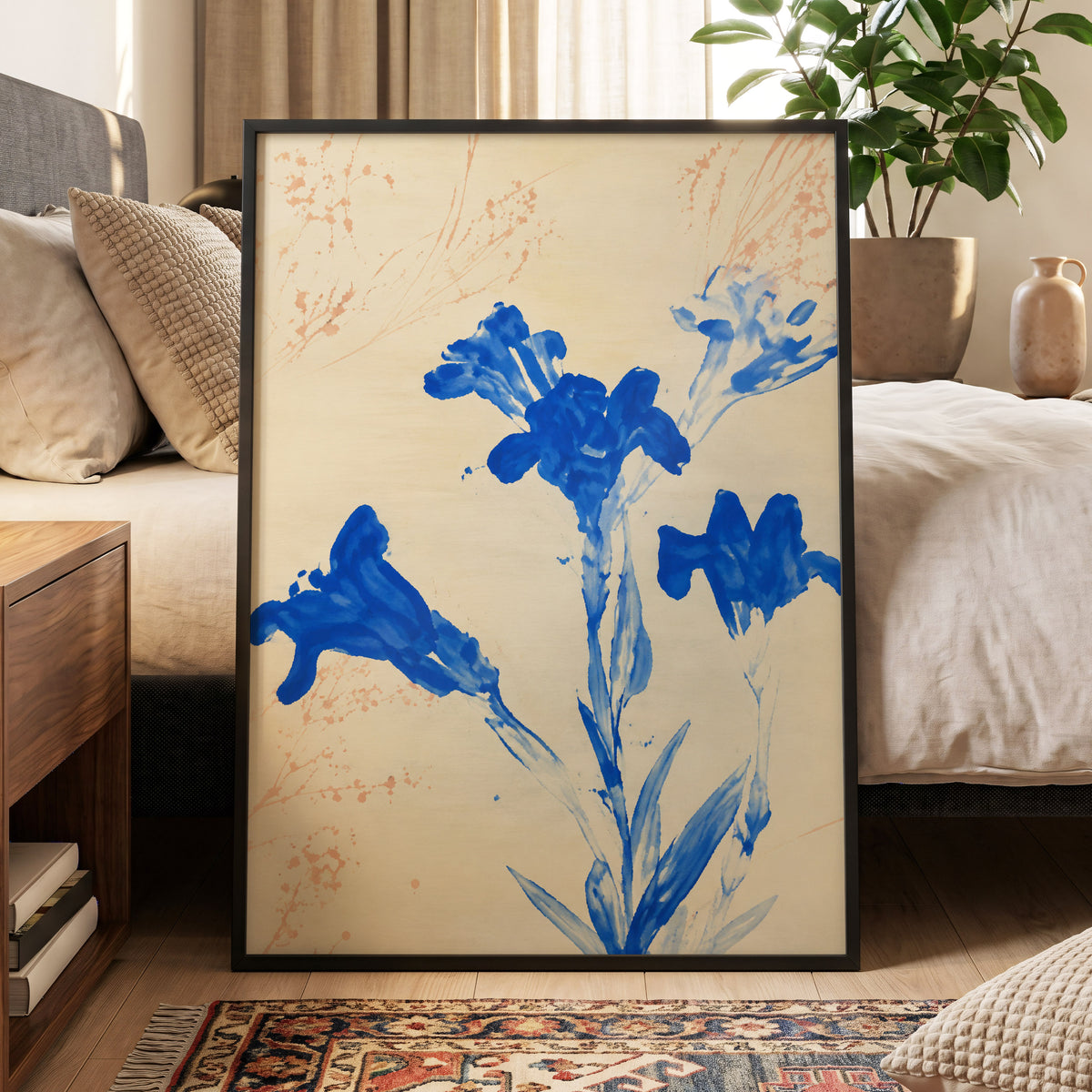 Cobalt Petal Drift, blue, beige, orange floral wall art displayed in a styled interior, gallery view 6