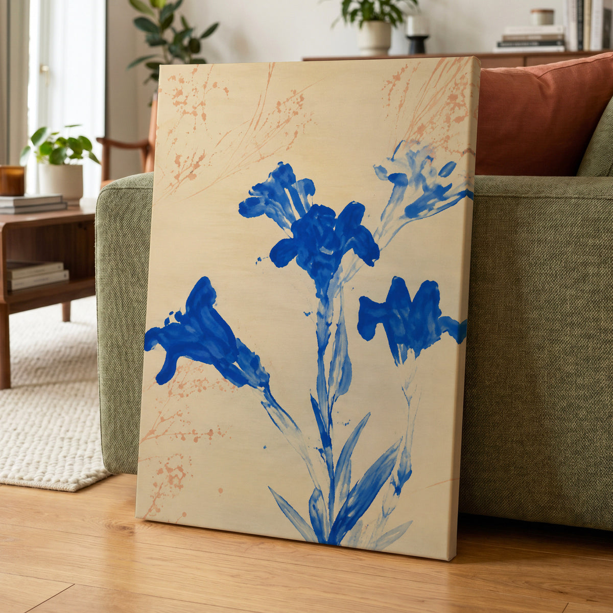 Cobalt Petal Drift, blue, beige, orange floral wall art displayed in a styled interior, gallery view 7
