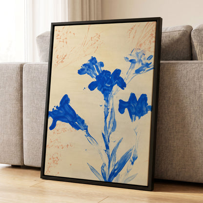 Cobalt Petal Drift, blue, beige, orange floral wall art displayed in a styled interior, gallery view 8