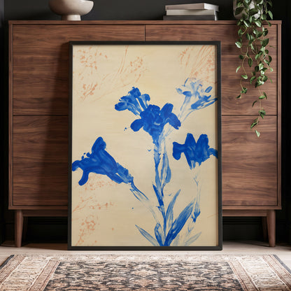 Cobalt Petal Drift, blue, beige, orange floral wall art displayed in a styled interior, gallery view 9