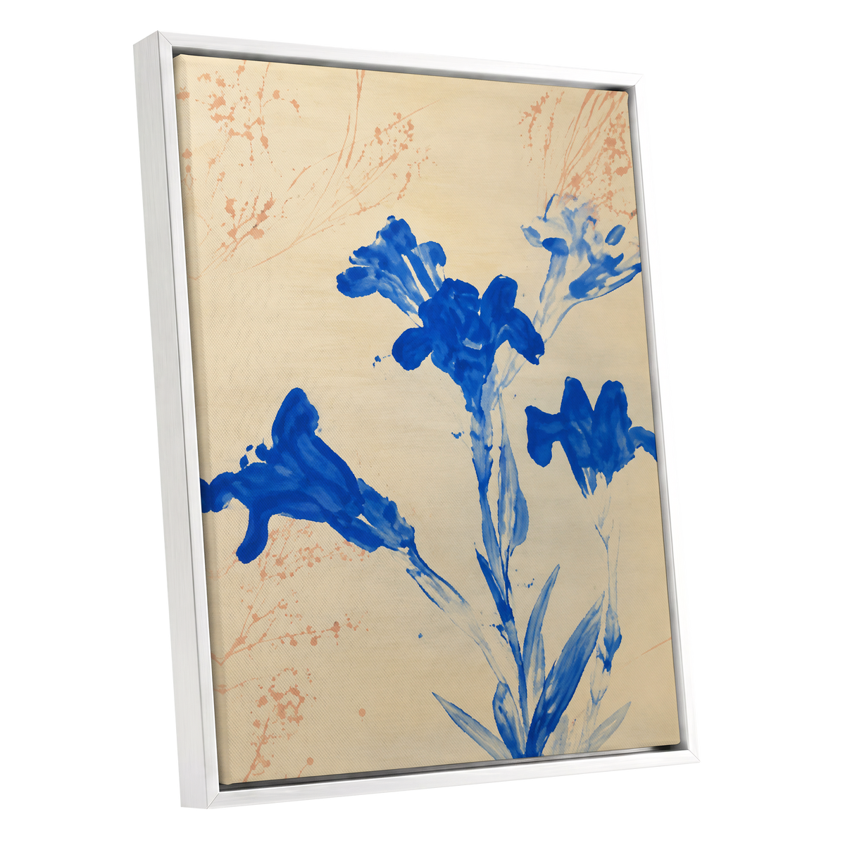 Cobalt Petal Drift, blue, beige, orange floral wall art shown as a white framed canvas wall art