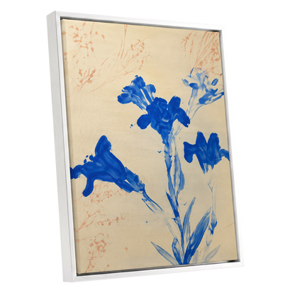 Cobalt Petal Drift, blue, beige, orange floral wall art shown as a white framed canvas wall art