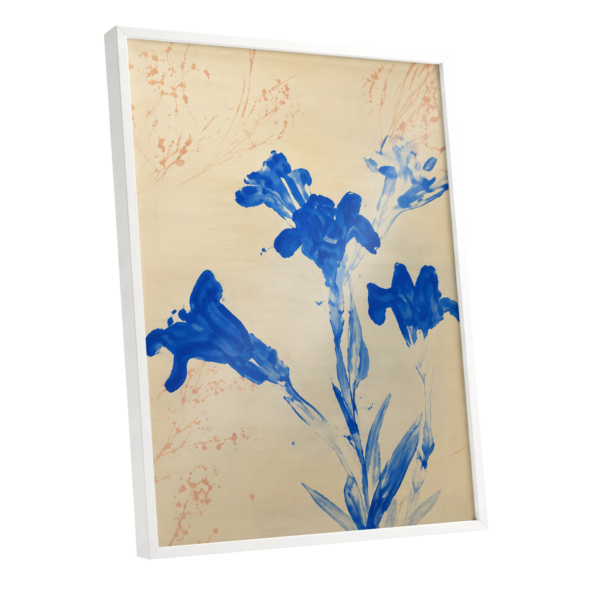 Cobalt Petal Drift, blue, beige, orange floral wall art shown as a white framed poster wall art print