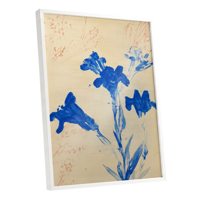 Cobalt Petal Drift, blue, beige, orange floral wall art shown as a white framed poster wall art print