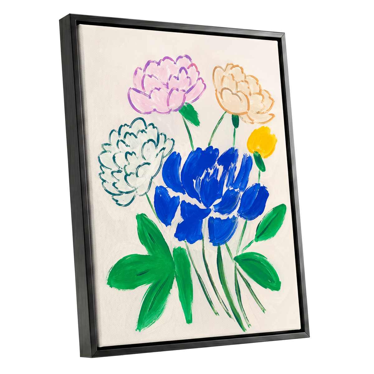 Cobalt Petal Reverie, blue, green, beige floral wall art shown as a black framed canvas wall art