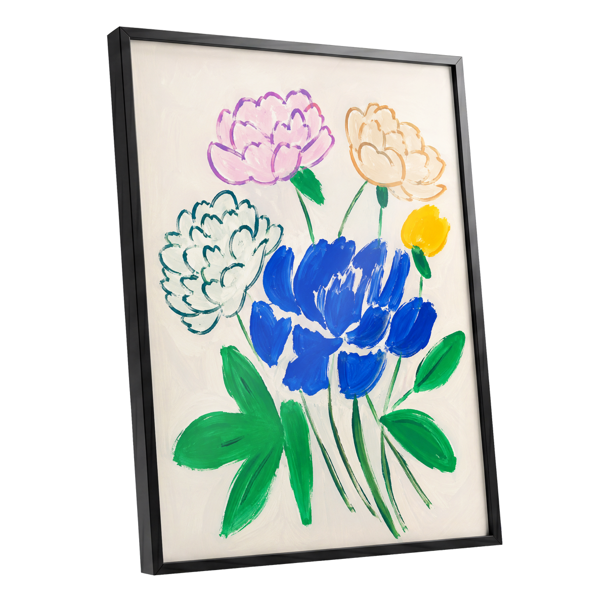 Cobalt Petal Reverie, blue, green, beige floral wall art shown as a black framed poster wall art print
