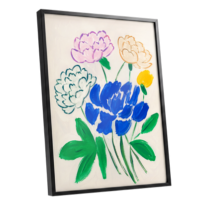 Cobalt Petal Reverie, blue, green, beige floral wall art shown as a black framed poster wall art print