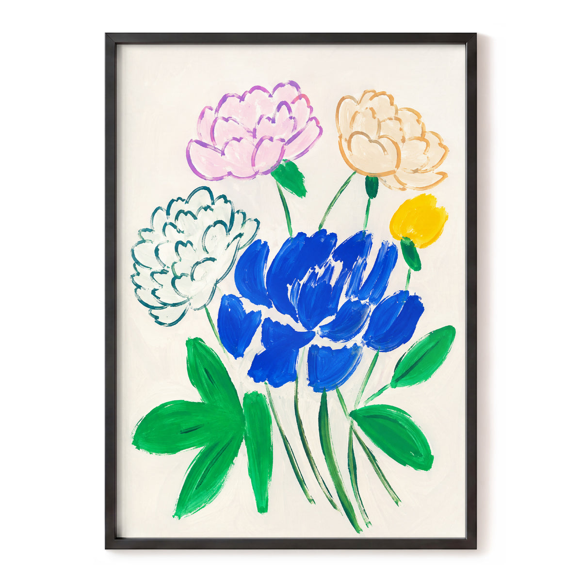 Cobalt Petal Reverie, blue, green, beige floral wall art, front artwork view